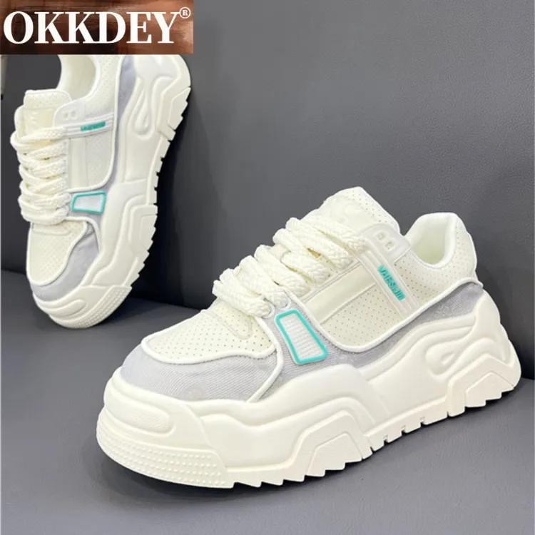 okkdey潮牌高端男鞋秋季真皮小白鞋时尚运动鞋厚底内增高面包鞋