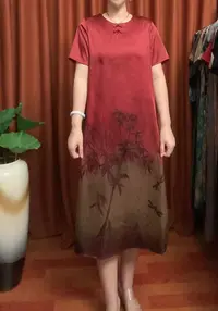 1（红竹）气质洋气时尚显瘦短袖优雅宽松中长款连衣裙