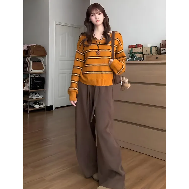 慵懒风条纹针织衫女2025新款宽松显瘦长袖毛衣垂感阔腿裤时尚套装