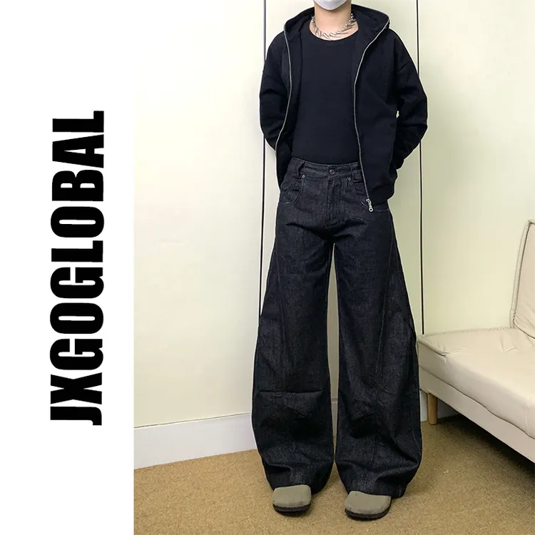 JXGOGLOBAL复古黑色原牛长裤cleanfit宽松直筒剪裁拼接牛仔裤男女