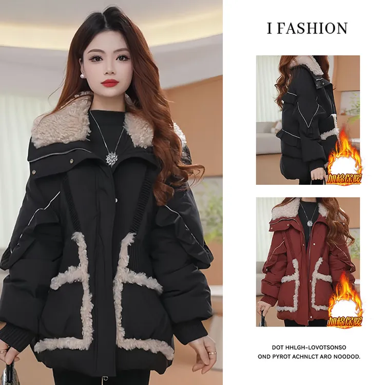 时尚精致气质毛领棉服女2025年冬季新款休闲百搭加厚保暖棉衣外套