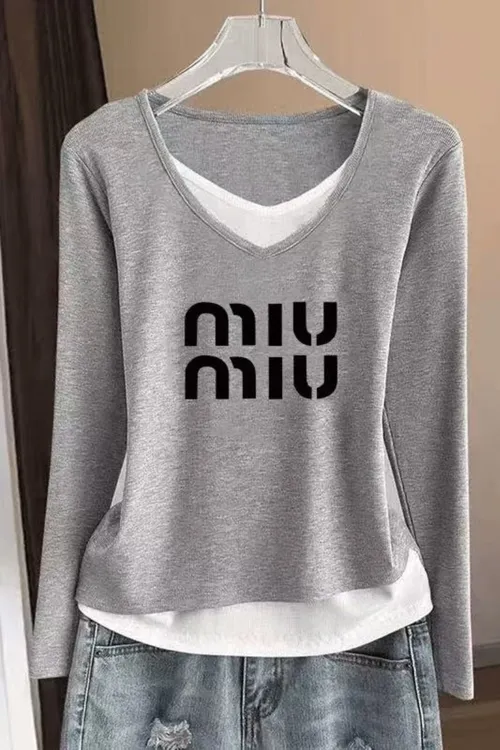 设计感显瘦假两件V领长袖t恤女秋冬季2025新款小众内搭打底衫上衣