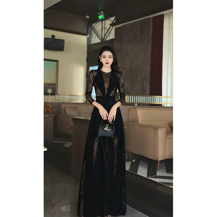 尤克菲儿 高定轻奢水晶麻拼接蕾丝圆领气质优雅高腰连衣裙