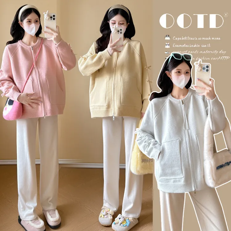 孕妇装秋装2025新款秋冬时尚宽松显瘦减龄加厚毛衣蝴蝶结开衫外套