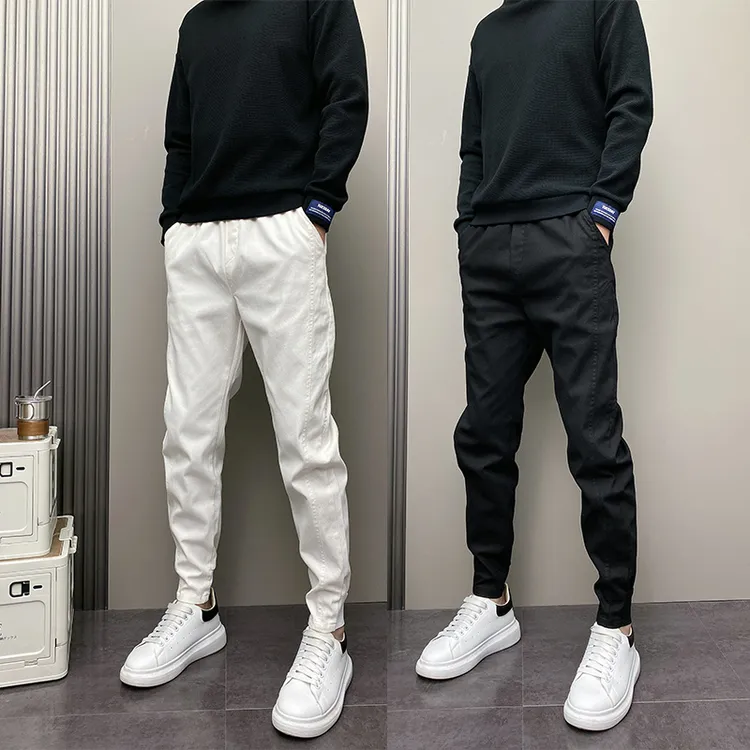 春秋季百搭时尚潮流韩版痞帅修身束脚纯色痞帅青年男士休闲小脚裤