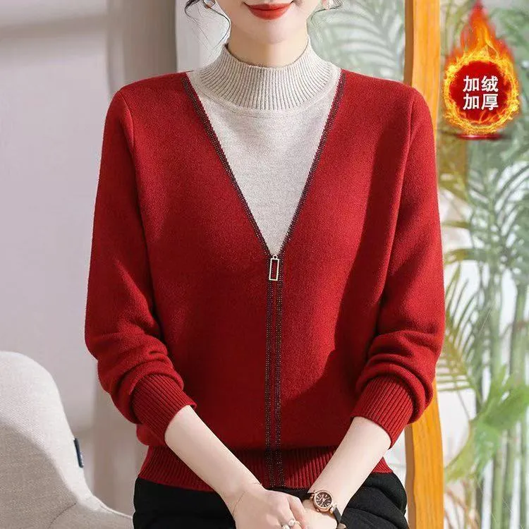 冬季妈妈装加绒加厚红色百搭毛衣新年装中老年时尚洋气打底衫遮肉