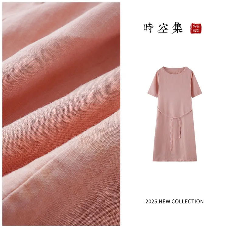 100%亚麻时尚欧若风显瘦长裙秋季新款圆领纯色百搭连衣裙FS5S0002