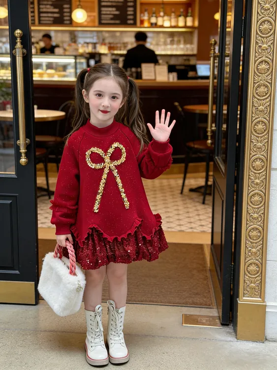 女童加绒连衣裙女孩公主新款红色洋气新年儿童小女孩亮片裙子拜年