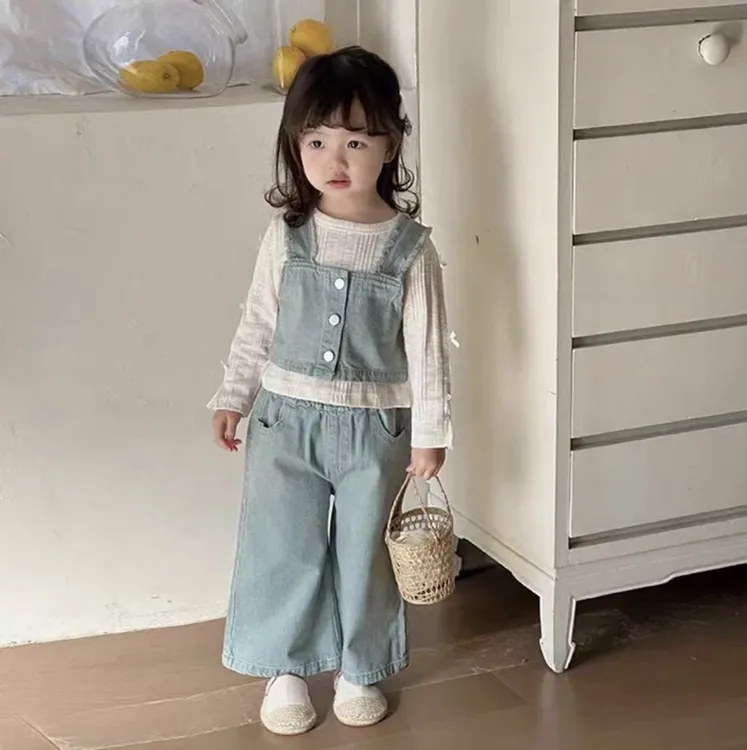 女童背心童装马甲裤子韩系牛仔套装春季甜美蝴蝶结打底时髦三件套