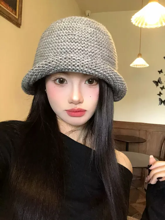 灰色复古针织卷边渔夫帽女秋冬韩系大头围盆帽素颜显脸小水桶帽子