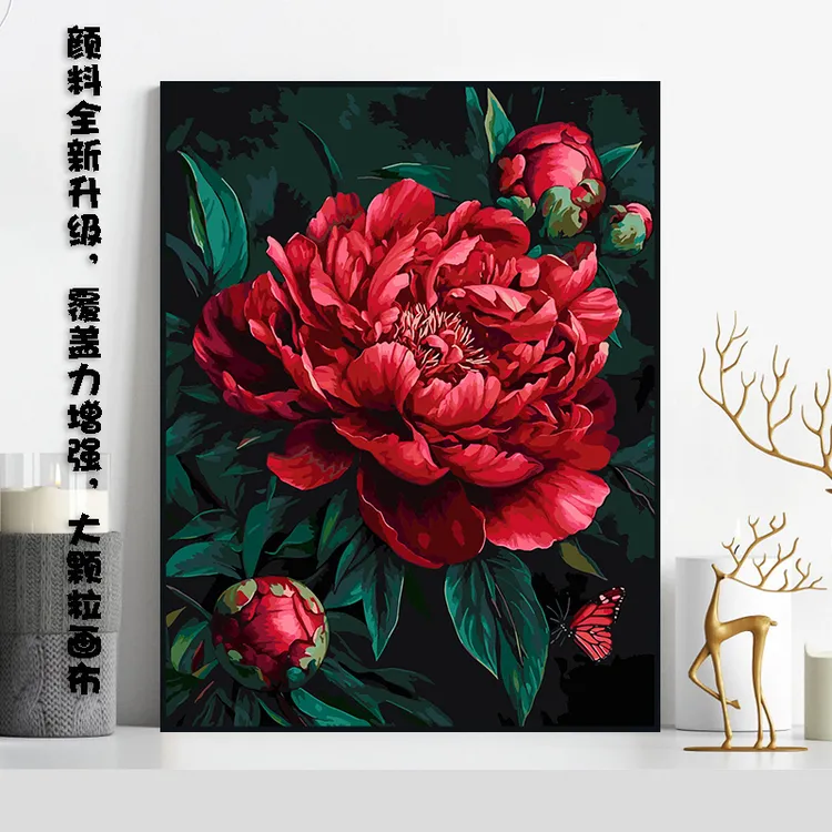 纯画布实木背板红线红字DIY数字油画风景花卉手绘丙烯画颜料升级