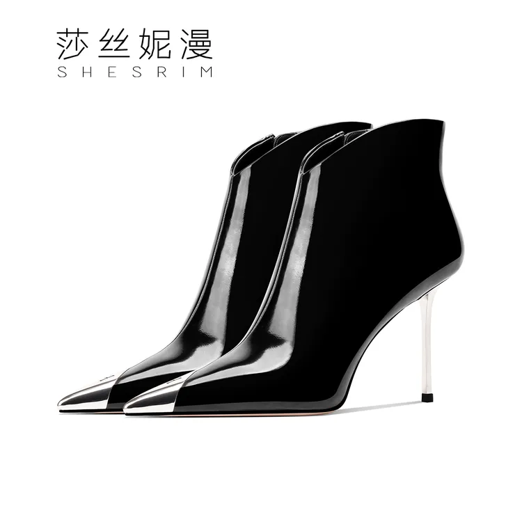 216-【暮色芬兰】高级感短靴女2024秋冬新款真皮尖头细高跟时装靴