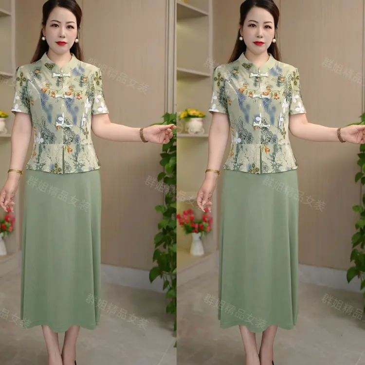 妈妈装夏季短袖冰雪丝假两件旗袍连衣裙2025新款弹力收腰中长款