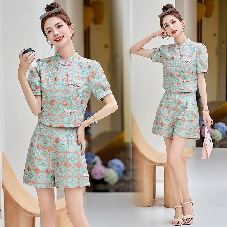 小个子新中式国风复古盘扣高级感提花短袖上衣短裤两件套套装夏装
