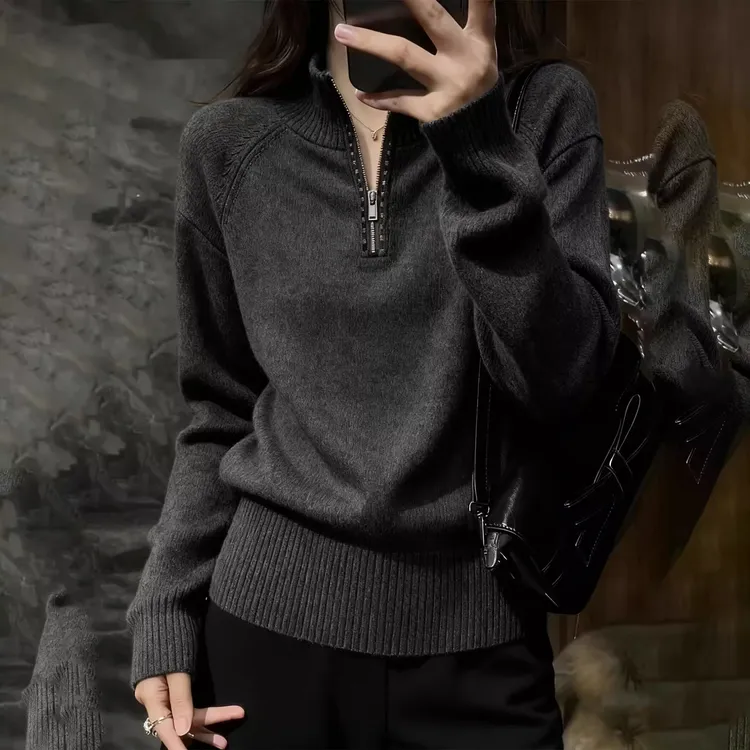 灰色轻熟简约风半拉链针织衫毛衣女2025秋冬新款舒适百搭大码上衣