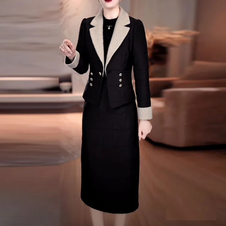 时尚夹棉加厚保暖两件套连衣裙2025秋冬新款修身显瘦气质套装裙子