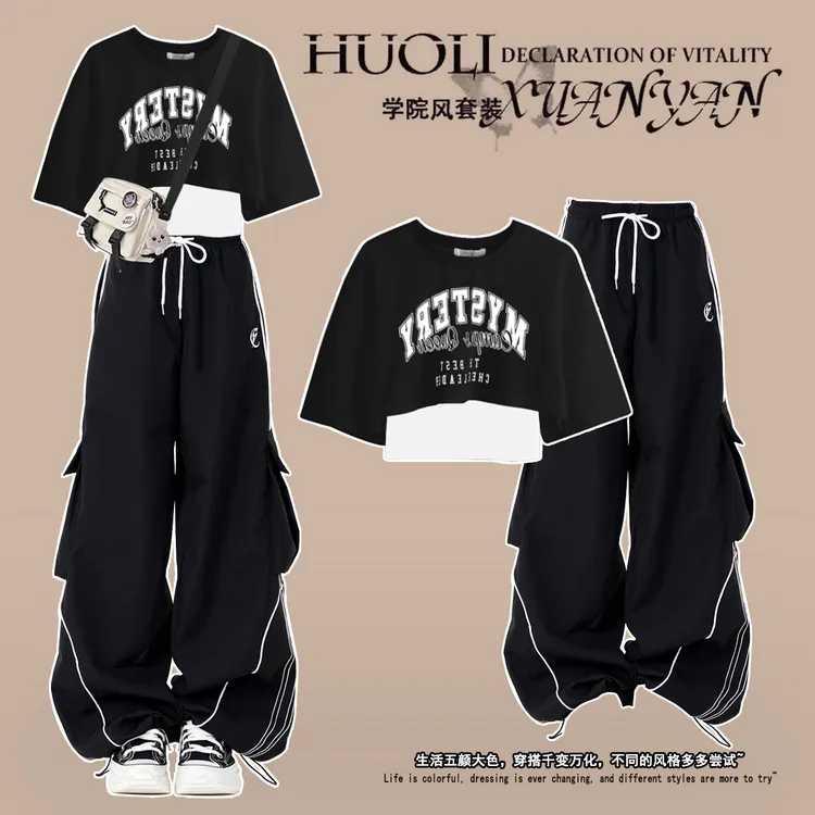 女童夏装套装2025潮酷洋气短袖T恤少女阔腿工装裤休闲两件套