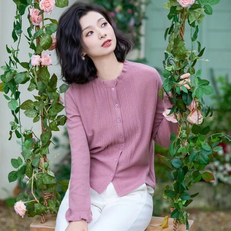 西子/【艾米莉】羊毛进口机器法式花边温柔百搭针织开衫/MSHJ0278