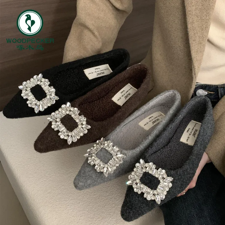 啄木鸟水钻气质尖头加绒单鞋2025新款毛毛鞋女秋冬外穿棉瓢鞋