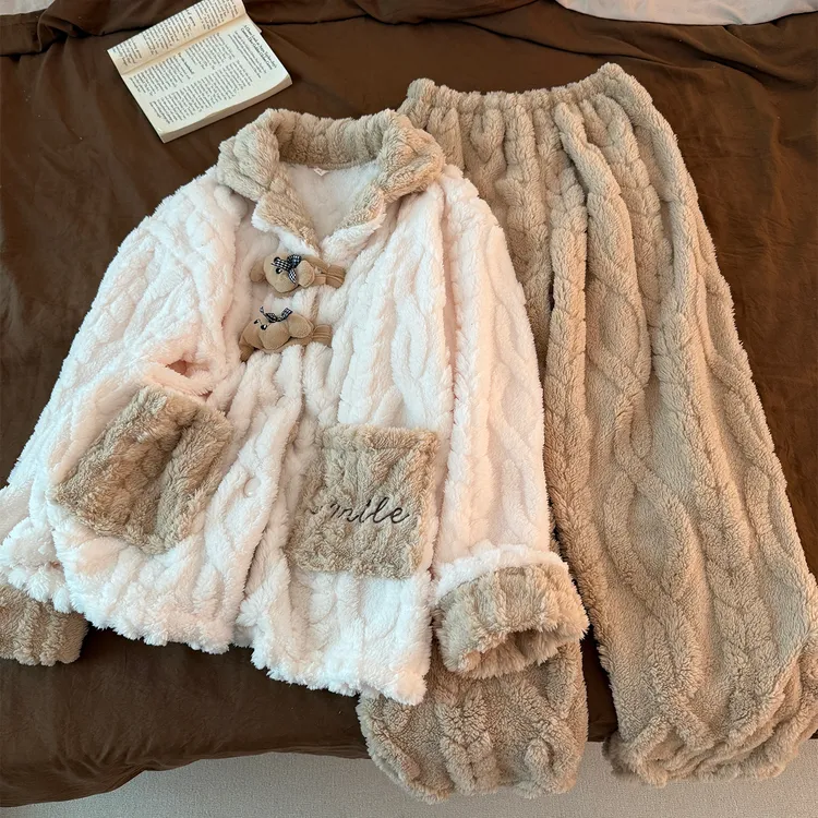 韩系睡衣女新款冬季加绒加厚长毛绒开衫可爱保暖高级感家居服套装