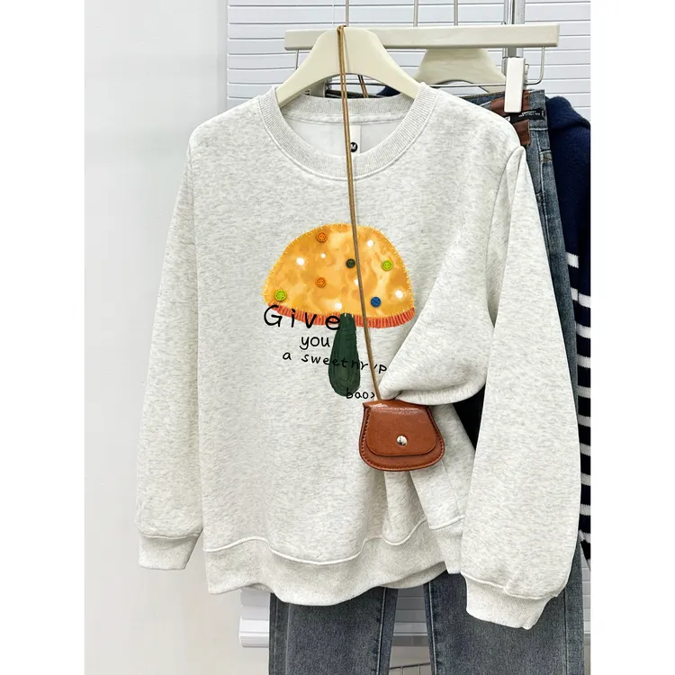 加绒加厚套头卫衣外套冬季女款微胖宽松大码洋气设计感圆领上衣服