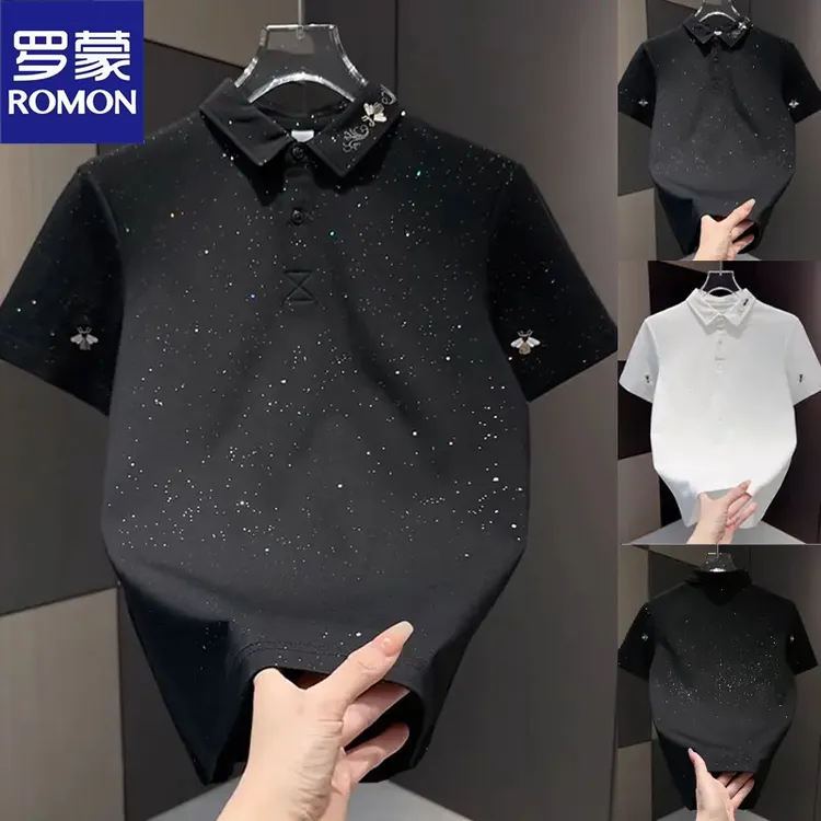 Romon/罗蒙蜜蜂刺绣品质满天星polo衫欧洲站男休闲重磅时尚短袖