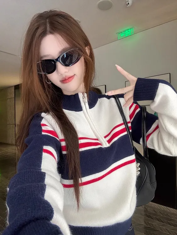 美式辣妹风撞色条纹秋冬毛衣上衣ins针织衫百搭洋气炸街学院风