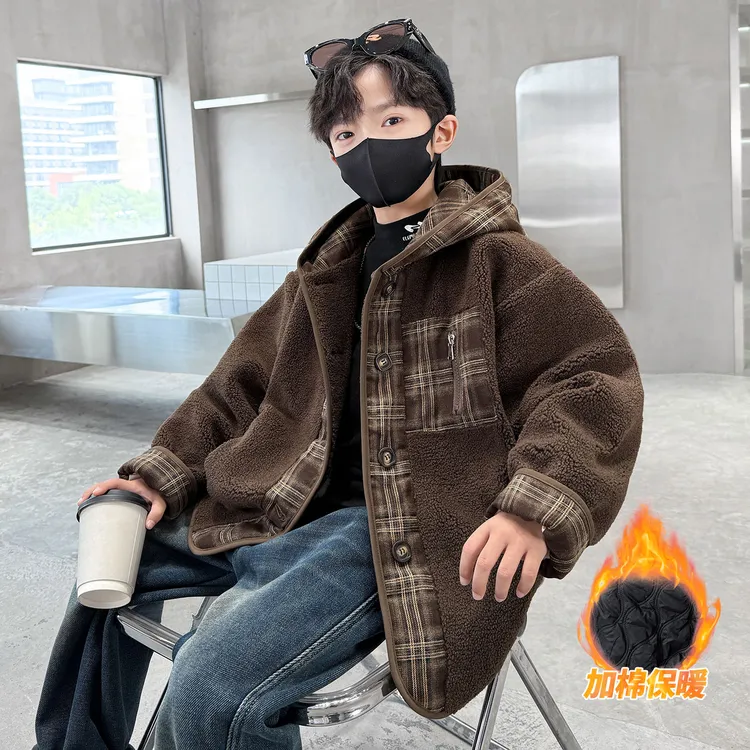 男童冬季夹棉加厚毛毛衣外套休闲中大童时尚格子相拼保暖服韩版