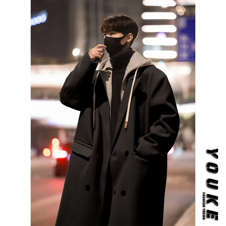 假两件毛呢大衣男秋冬季中长款加棉加厚风衣韩版潮流连帽呢子外套