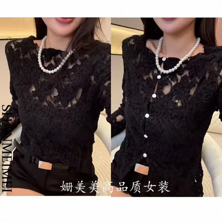 气质名媛高级感蕾丝衫前后两穿2025春秋新款修身显瘦微透性感上衣