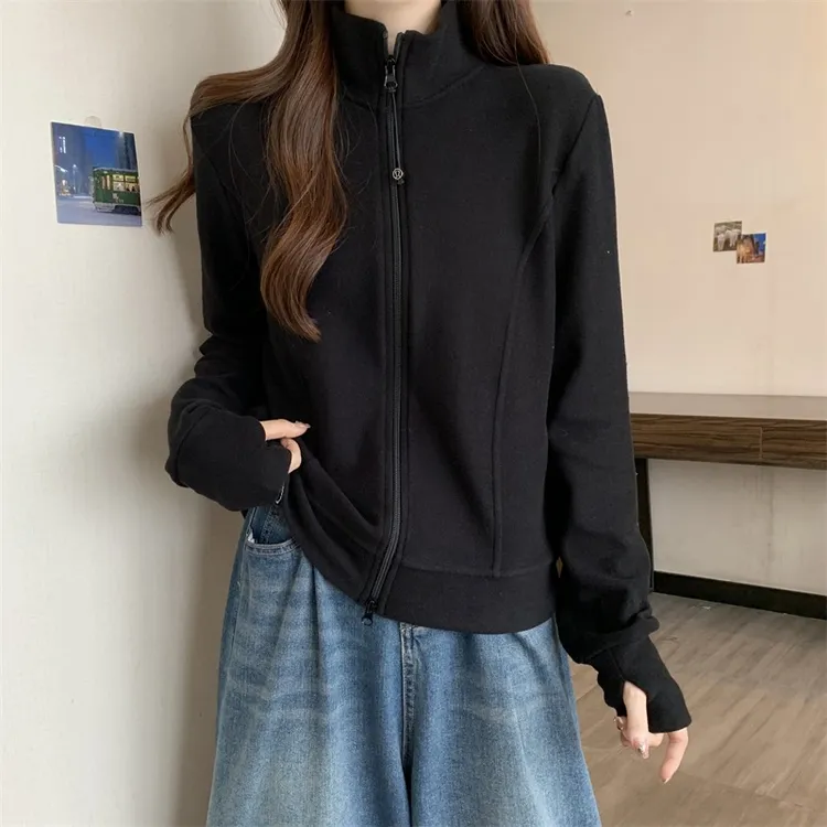 双拉链立领卫衣外套女春秋大码胖妹妹显瘦外搭高级感正肩长袖上衣