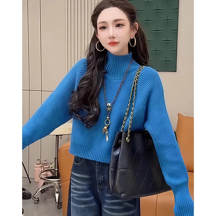 秋冬新款慵懒风领时尚正肩长袖内搭毛衣女装修身显瘦短款休闲上衣