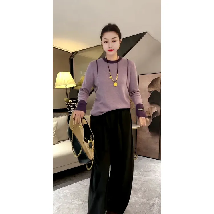 欧货新款时尚洋气拼色明线设计圆领长袖针织衫