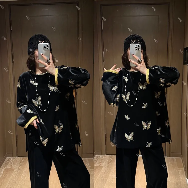 YDFSTUDIO小众【金色蝴蝶】欧货早秋重磅蝴蝶亮片拼接设计时尚上衣