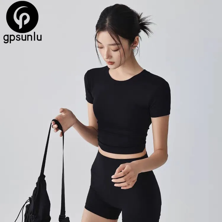 GPSUNLU露背运动上衣女夏固定胸垫美背普拉提瑜伽服短袖可外穿速