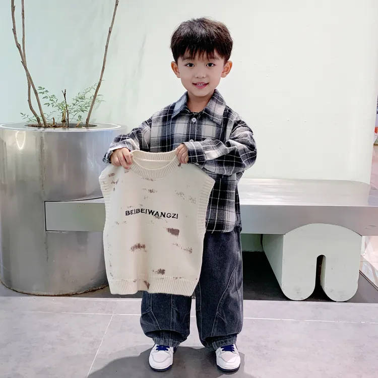 男童秋套装2025新款潮酷儿童装男孩衬衫马甲牛仔裤宝宝衣服三件套