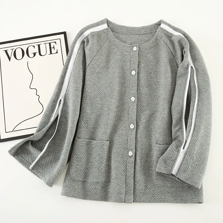 男士手臂骨折专用衣服秋冬拉链护理服透析上衣厚款胳膊受伤病号服