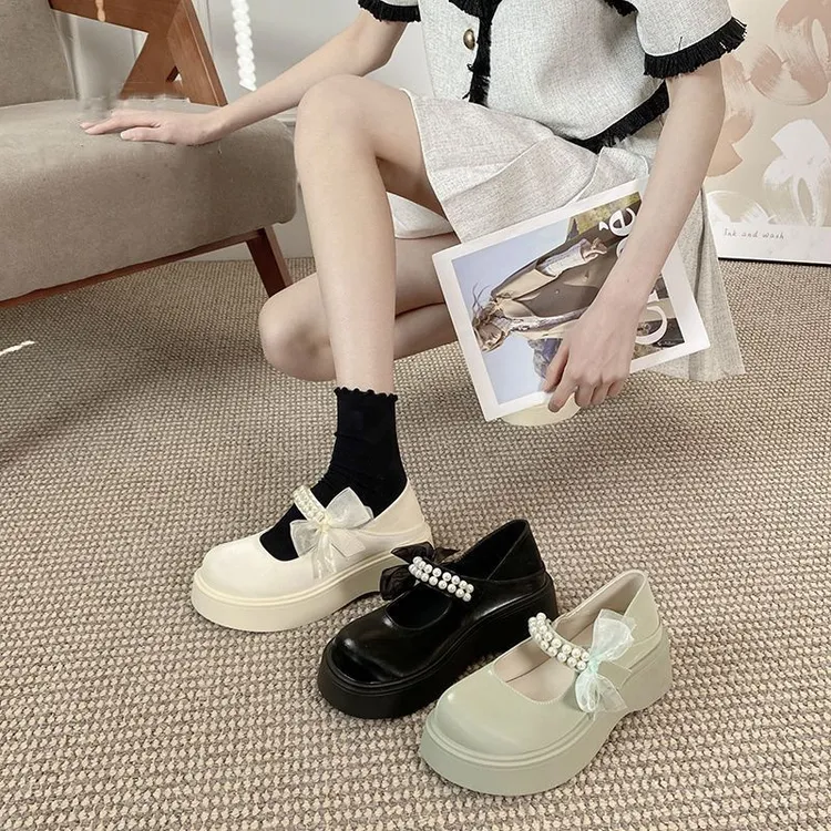 韩系百搭玛丽珍鞋春秋季新款绝美时尚珍珠配裙子厚底小皮鞋气质