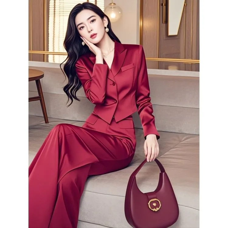 早秋穿搭一整套轻奢高级感气质小香风本命年红色西装上衣裤子套装