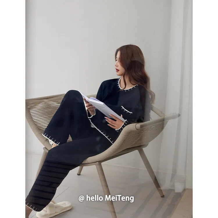 美腾软绵绵半边绒睡衣女秋冬季长袖保暖家居服珊瑚绒加厚休闲套装