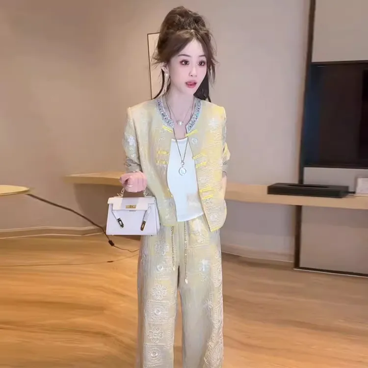 时尚套装女2025夏季新款洋气显瘦国风防晒衫外套阔腿裤气质两件套