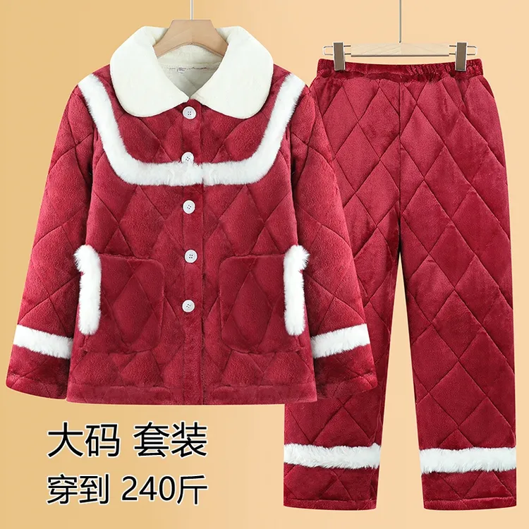特大码200斤胖妈妈套装棉袄棉裤女士三层加绒加厚睡衣老人家居服