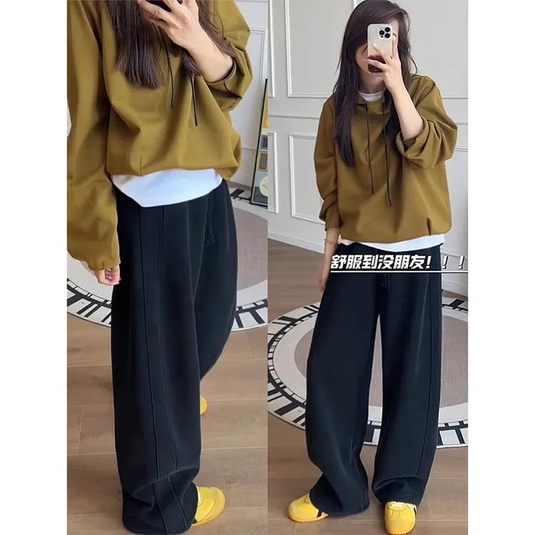 黑色弯刀裤女秋季新款胖妹妹mm梨形身材高腰宽松显瘦阔腿运动卫裤