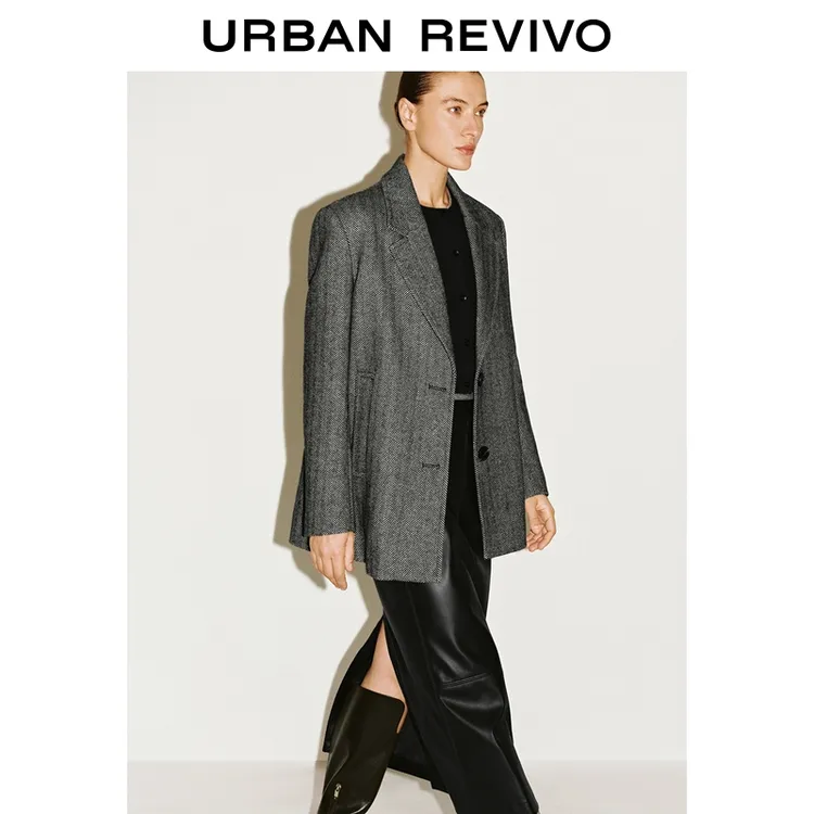 摩登境界UR2025冬季新款女都市通勤经典百搭人字纹西装UWU150026