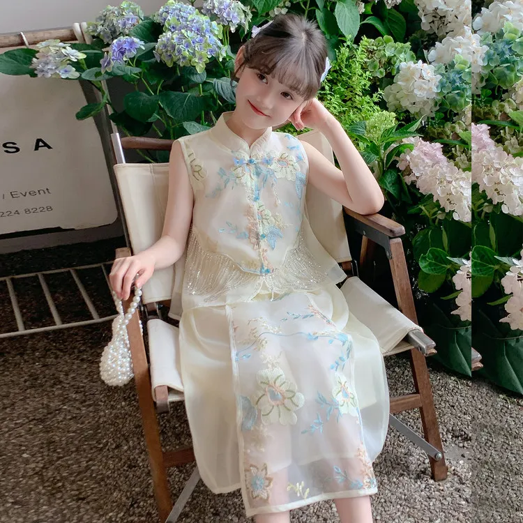 女童新中式套装夏季爆款中大童复古旗袍半身裙两件套小女孩中国风