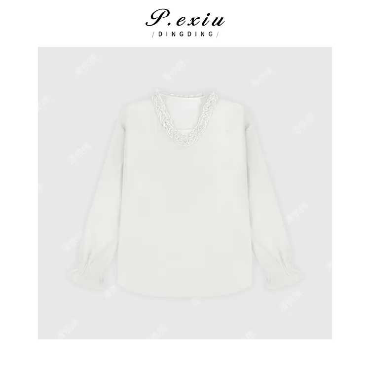 绵羊毛人丝法式氛围感花边V领磨绒喇叭袖卫衣W-63680