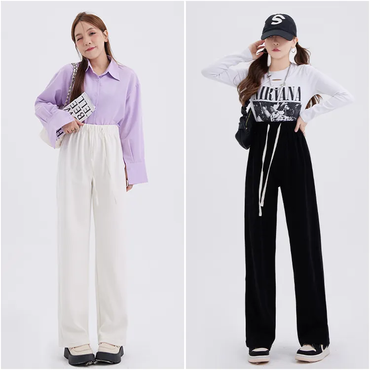 大码微胖MM百搭休闲加绒直筒拖地裤高腰裤女  0240