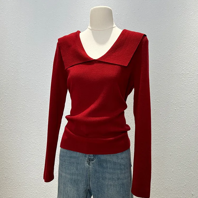 红色针织长袖t恤女秋季新款时尚修身显瘦打底衫别致翻领百搭上衣