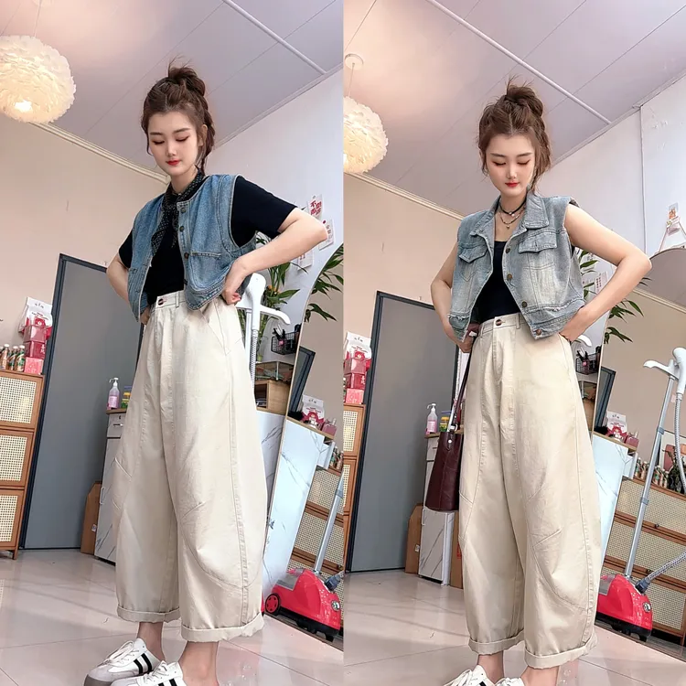 棉现货韩国东大门阔腿休闲弯刀裤女2025新款宽松高腰百搭镰刀裤