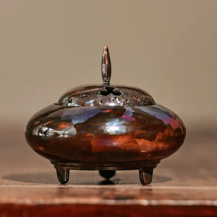春喜铜【送货上门】T2紫铜手工光面着色灵犀斑铜香炉直径：9.3cm礼盒